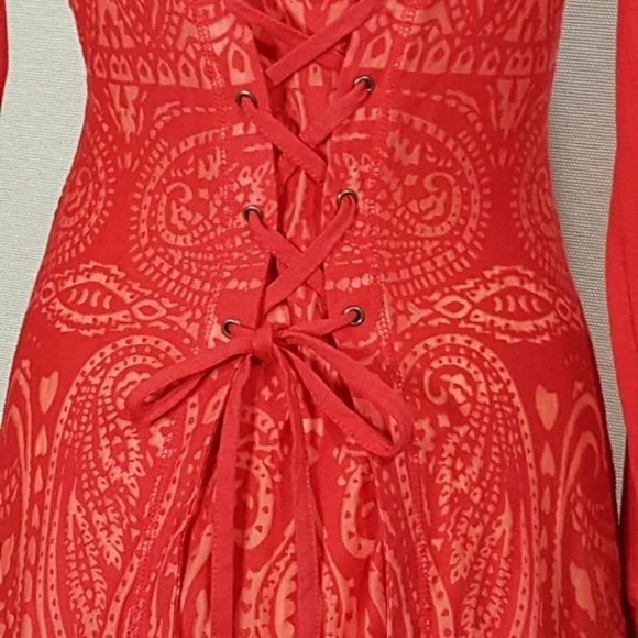 Athleta Lace Up Back Corset Dress XS Red Jacquard Burnout Long Sleeve Stretch - Picture 8 of 14